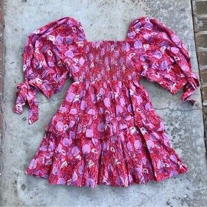 Mulberry & King Smocked Mini Dress Tiered Babydoll Poppy Lilac Floral Print XS/S